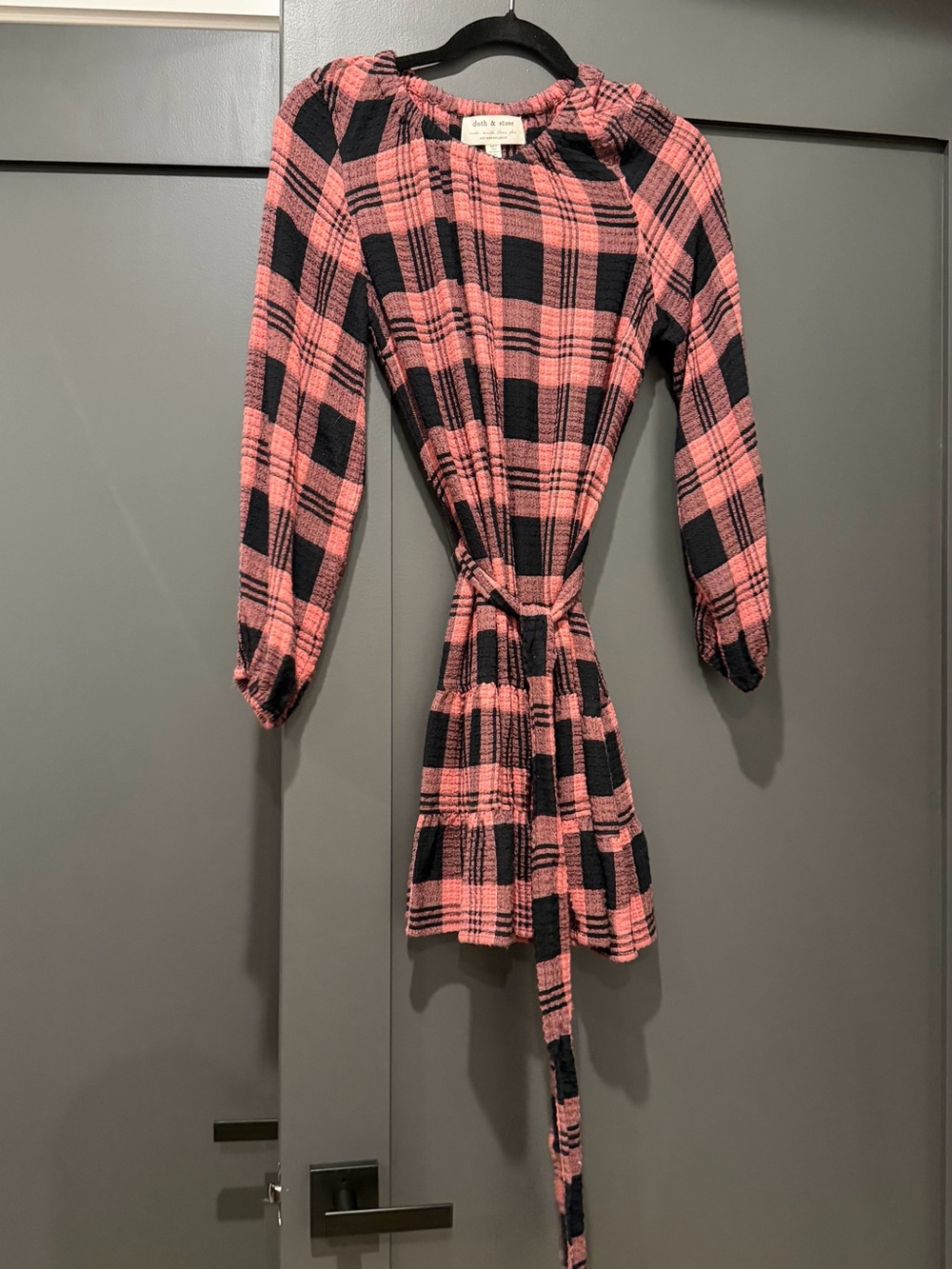 Anthropologie Black and Pink Plaid Long-Sleeve Tie-Waist Dress